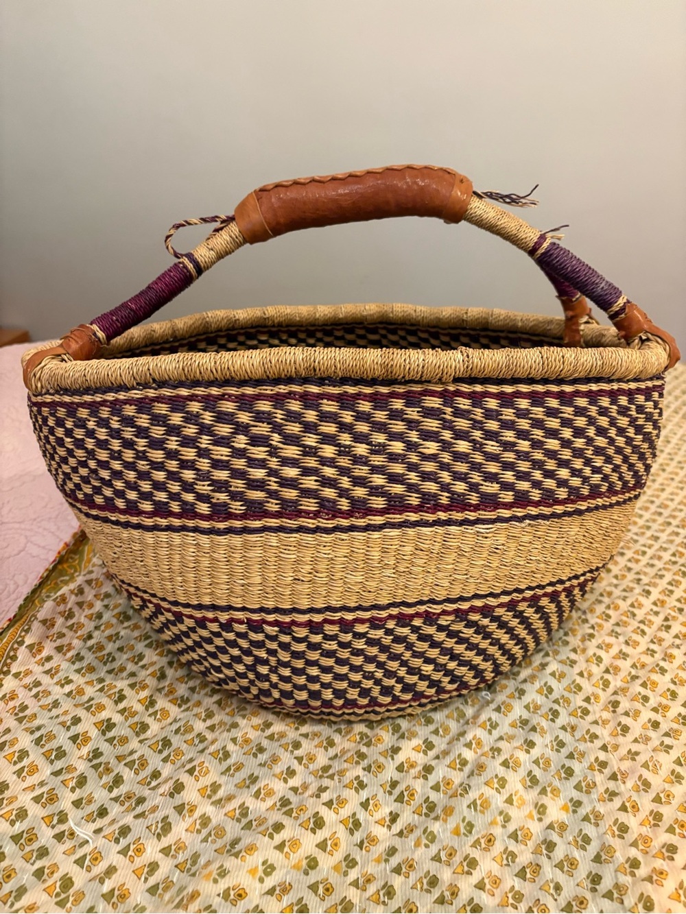Handwoven Bolga African Shopping Straw Basket in Natural and Deep Purple